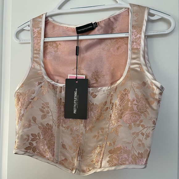 PrettyLittleThing Pink Satin Print Zip Front Corset - Picture 2 of 10